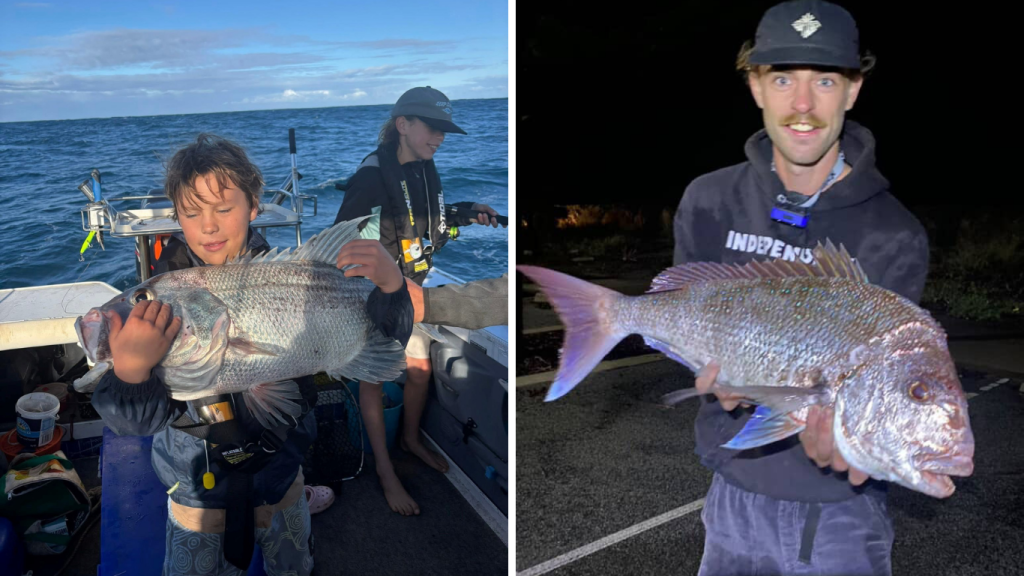 (L) Jasper with his first ever Dhu Fish Smiles for days (R) Jake with a 83cm Pinky of the cast.