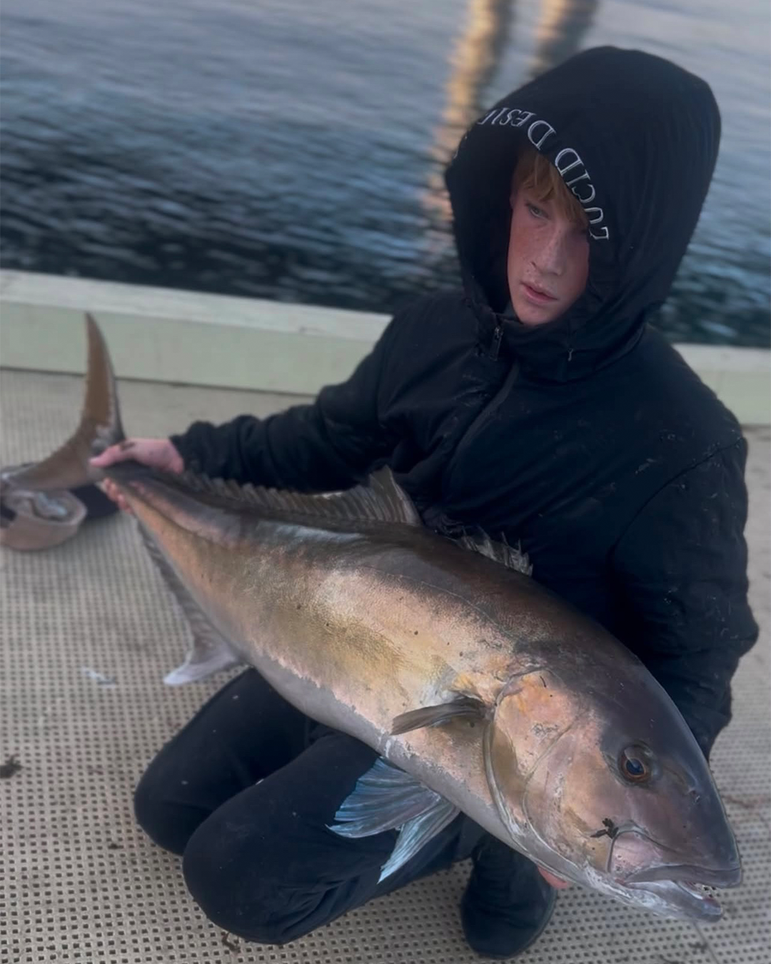 Angler Tom holding a solid Samsonfish landed from the beach near Mandurah